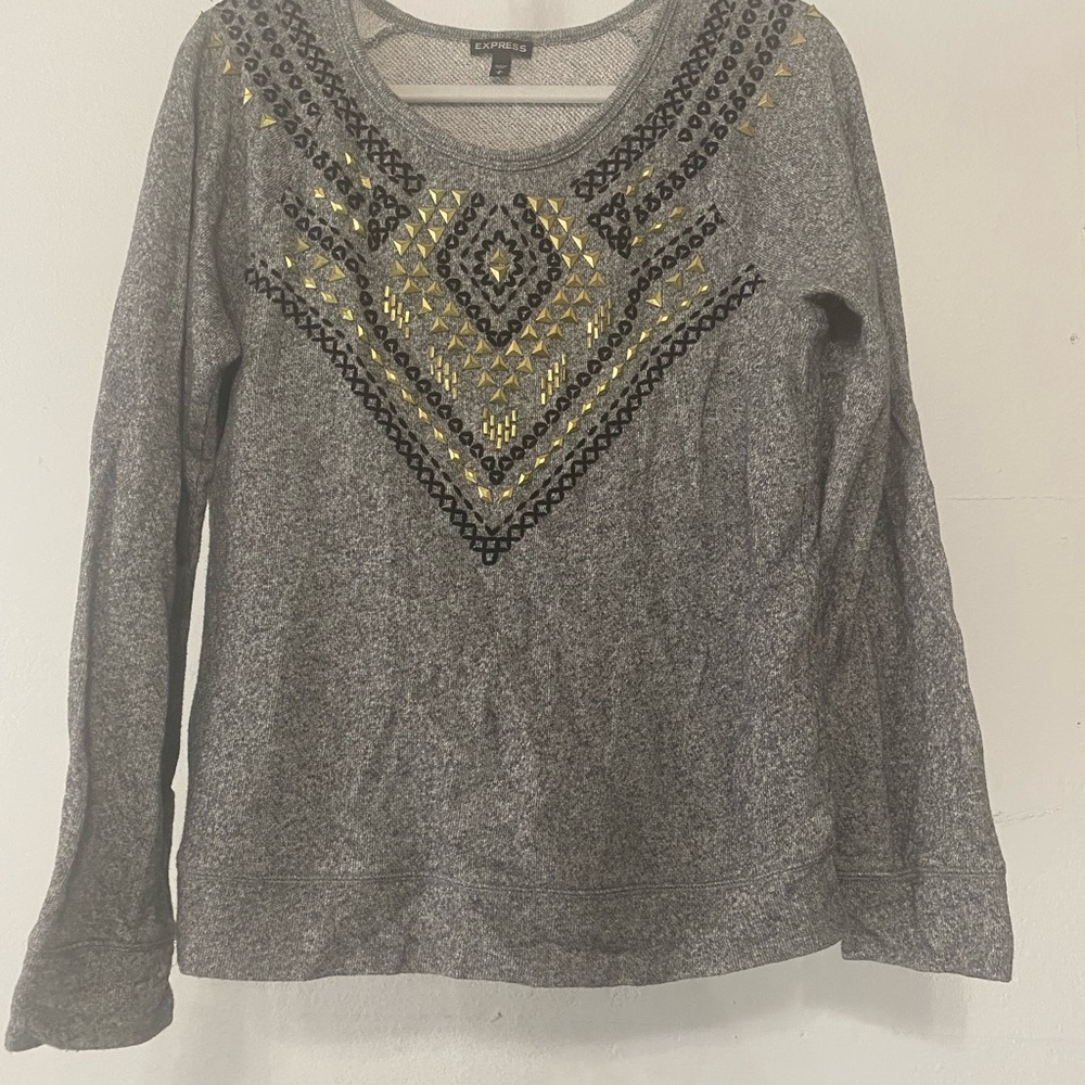 Express Gray Embellished Long Sleeve Sweatshirt